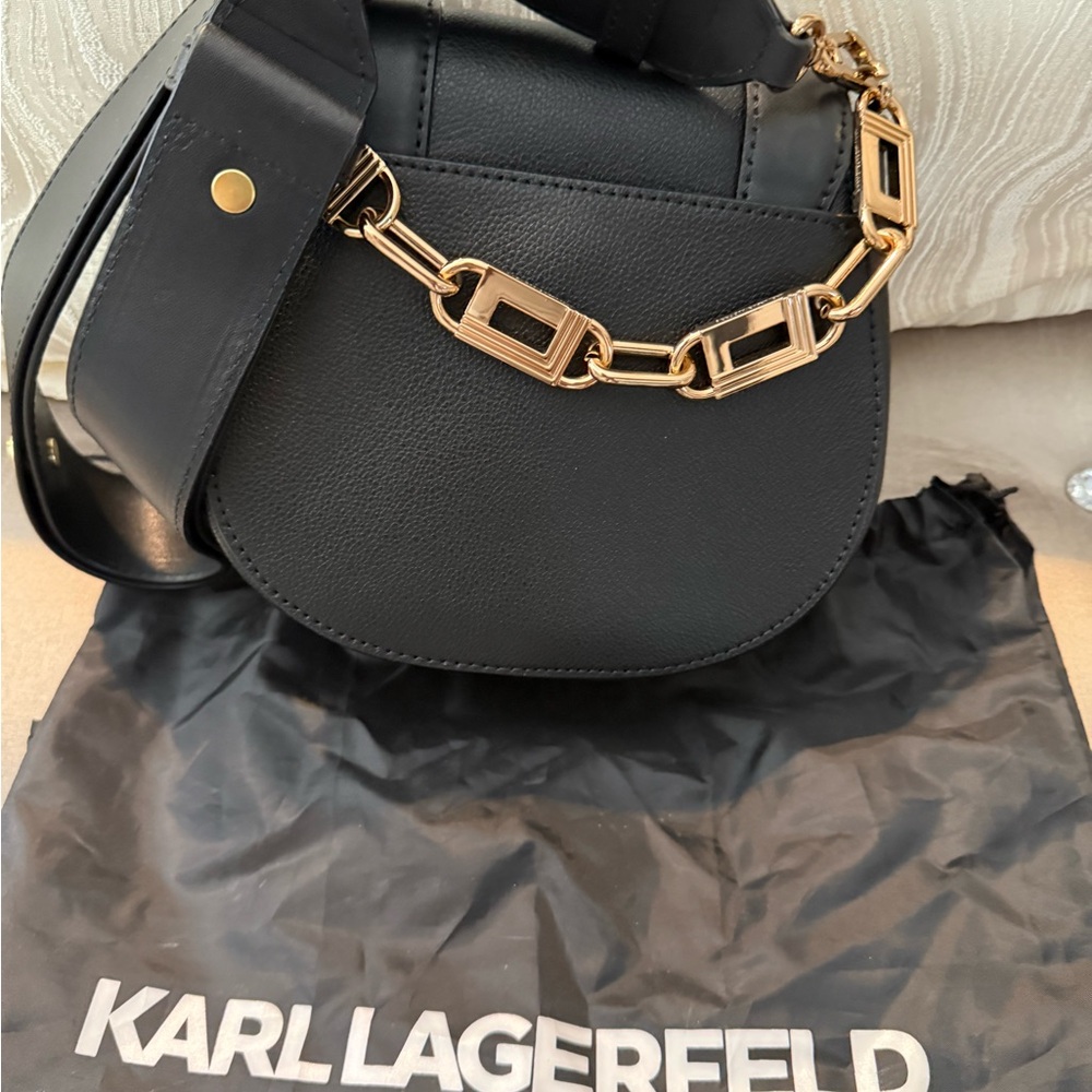 Karl Lagerfeld Black Leather Saddle Crossbody with Gold Hardware - Picture 2 of 5